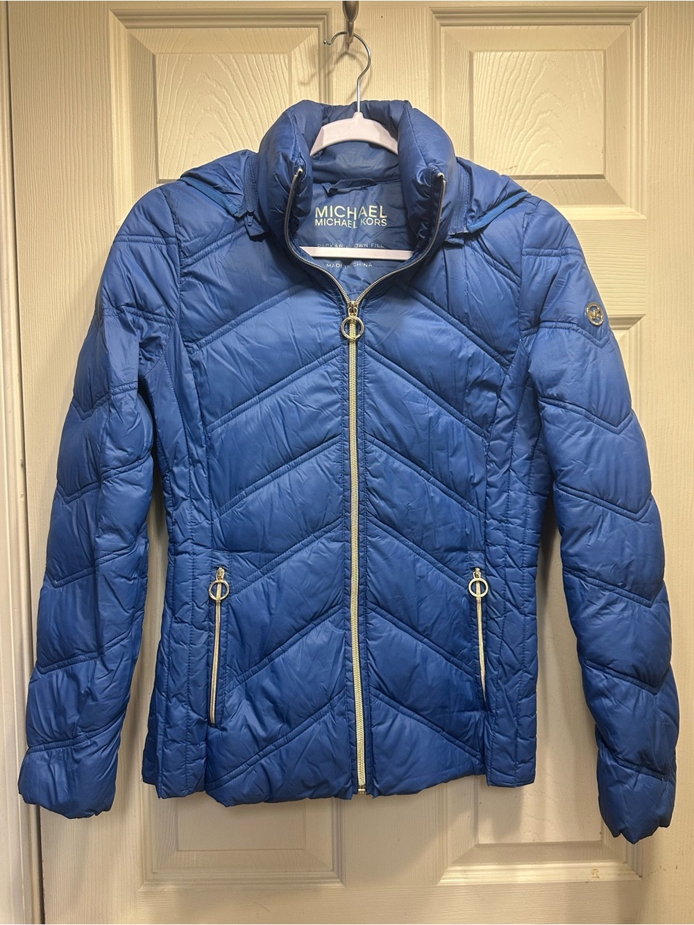 Michael Kors Royal Blue Quilted Chevron Puffer Jacket